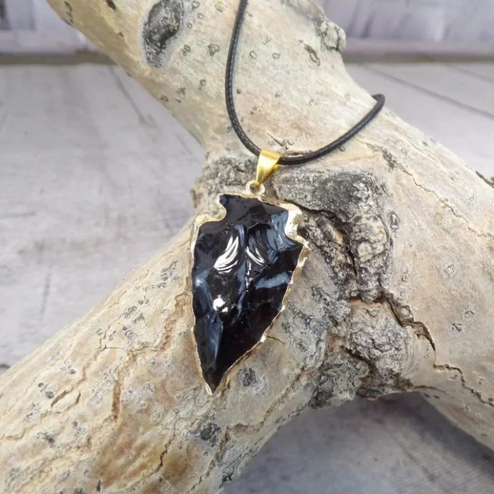 Stunning Black Obsidian Arrowhead Necklace with Gold Leaf